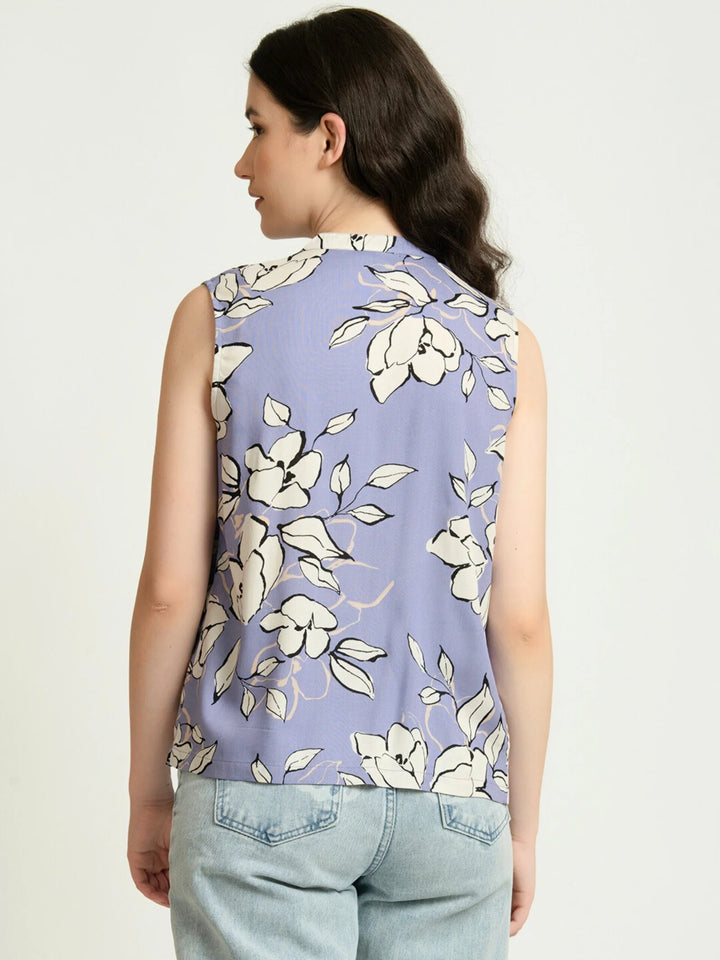 LILAC FLORAL PRINT EVERYDAY SLEEVELESS PLEATED TOP
