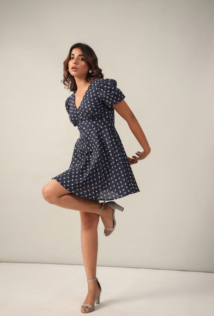 Blue Floral Print V neck Fit & Flare Waist Yoke Dress
