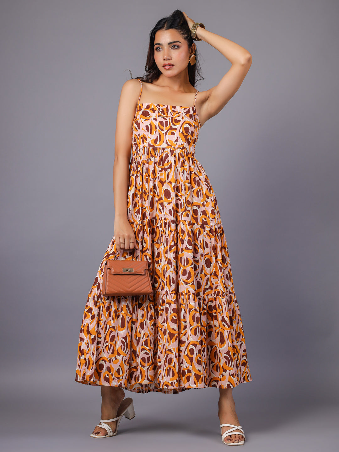 Women's Beige Strappy Tiered Maxi Dress Full Front2