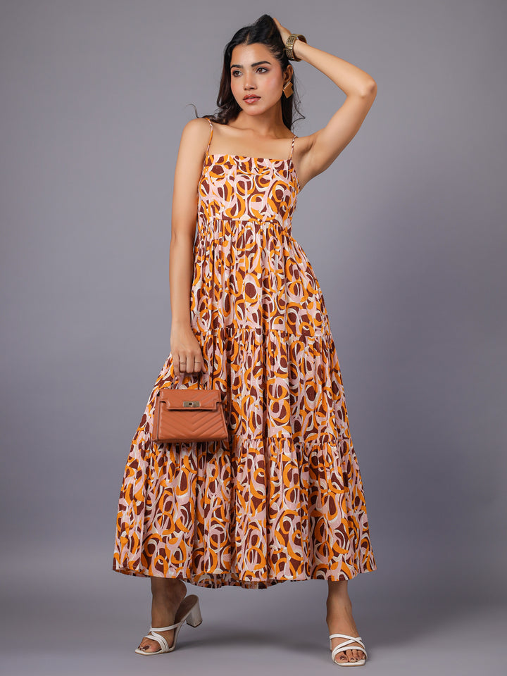 Women's Beige Strappy Tiered Maxi Dress Full Front2