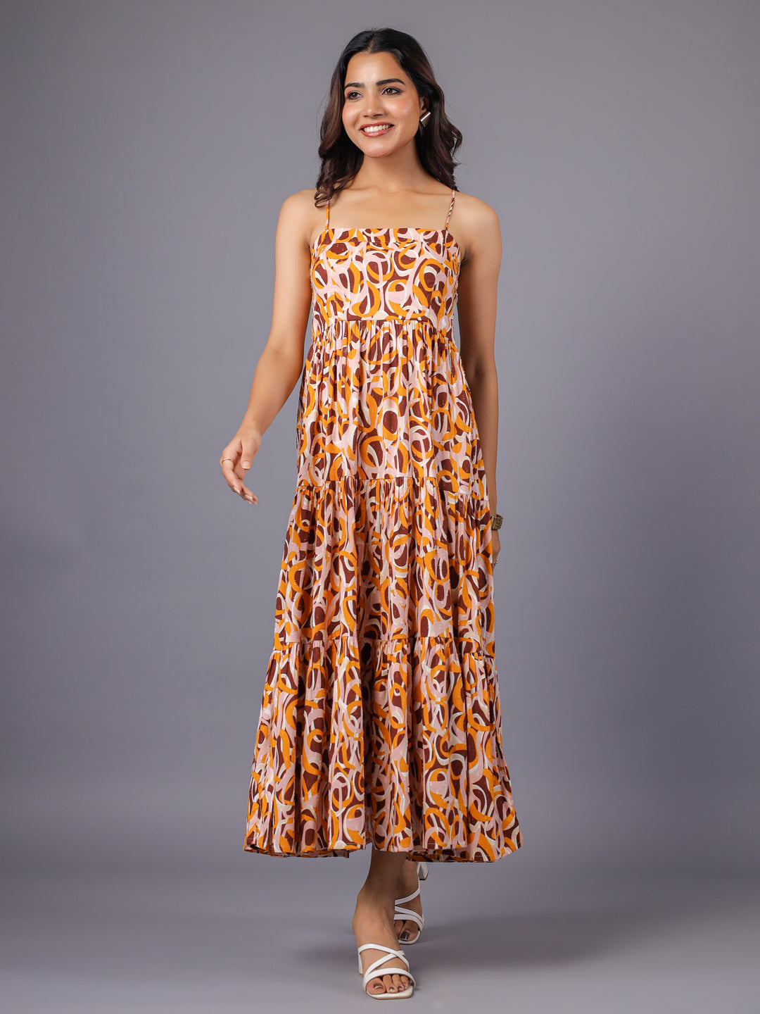 Women's Beige Strappy Tiered Maxi Dress Full Front1