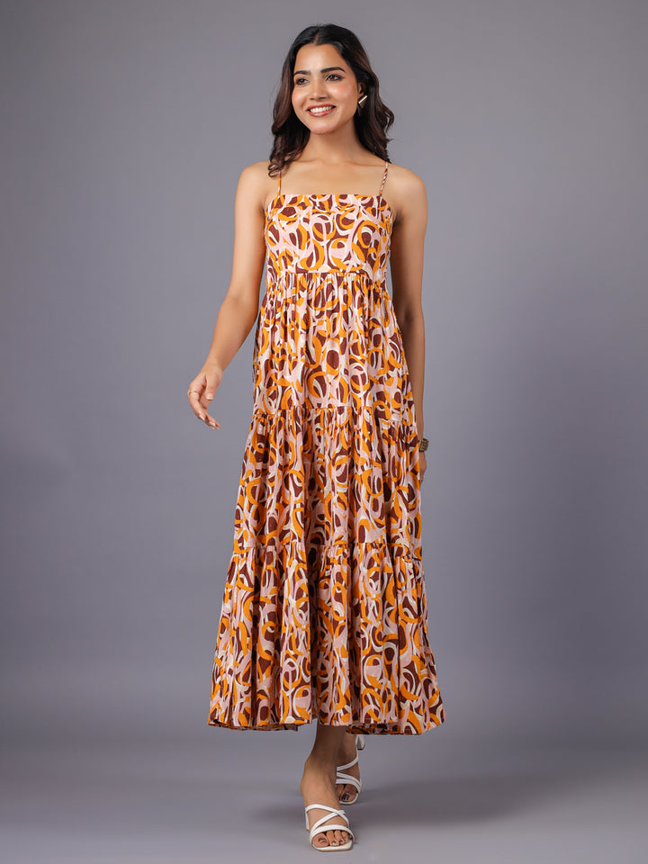 Women's Beige Strappy Tiered Maxi Dress Full Front1