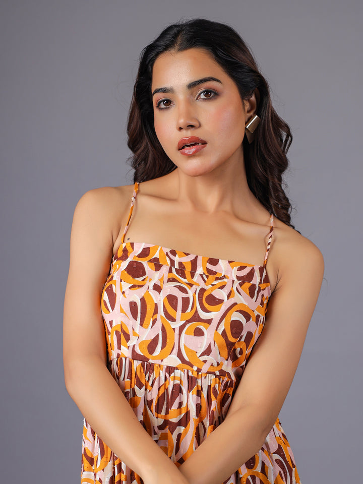 Beige and Brown Abstract Print Strappy Tiered Maxi Dress Portrait for women