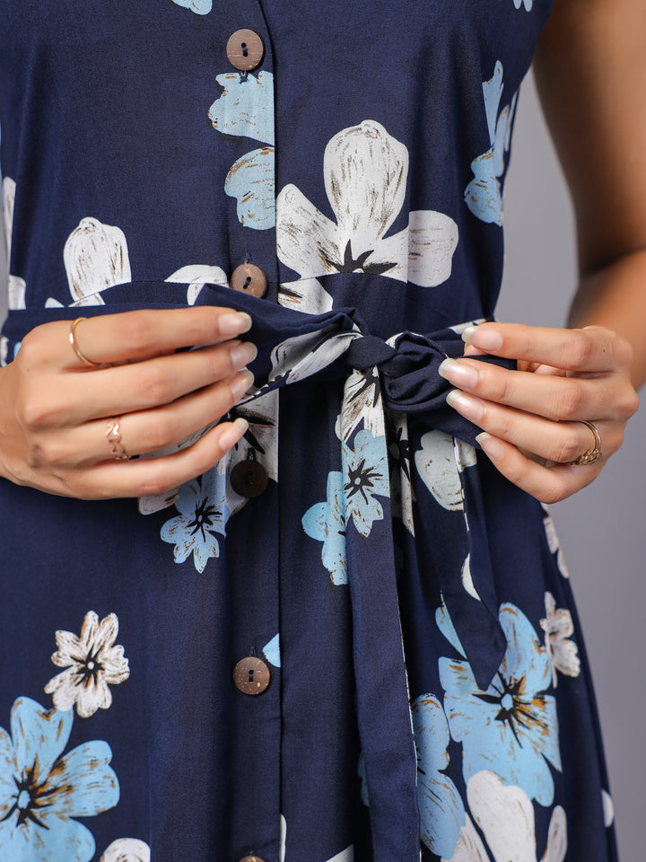 Blue Midi Shirt Dress for Women's Casual Wear Belt