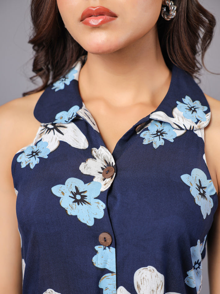 Blue Midi Shirt Dress for Women's Casual Wear Collar Detailing