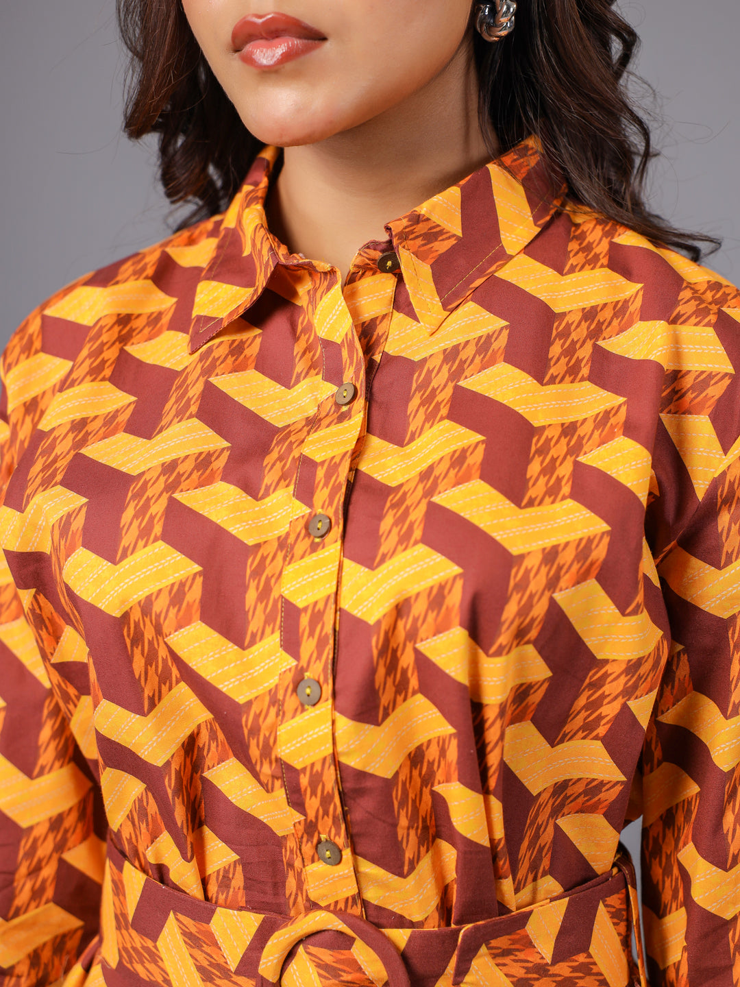 Brown Midi Shirt Dress for women Collar Detailing
