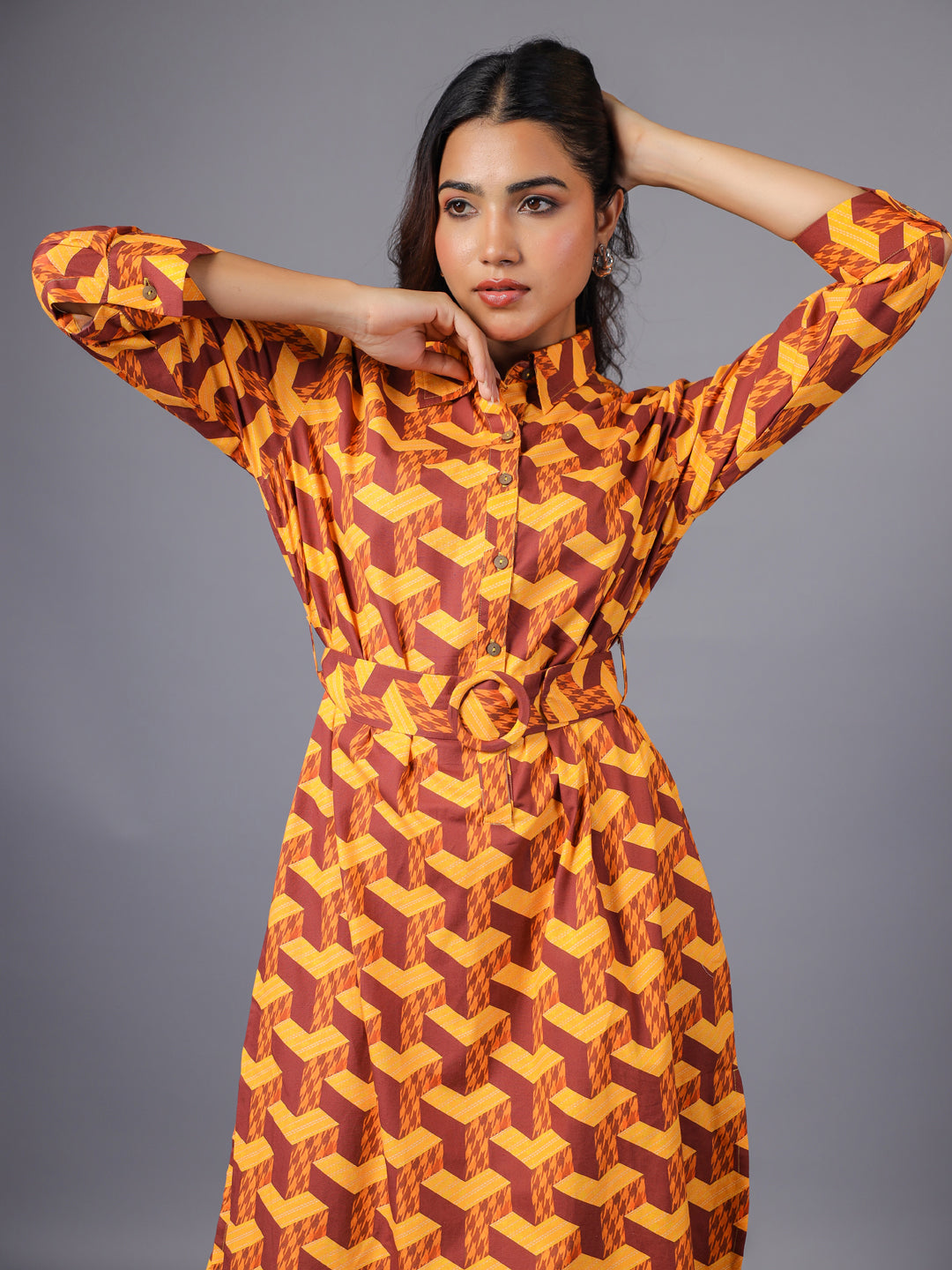Brown Midi Shirt Dress for women Portrait