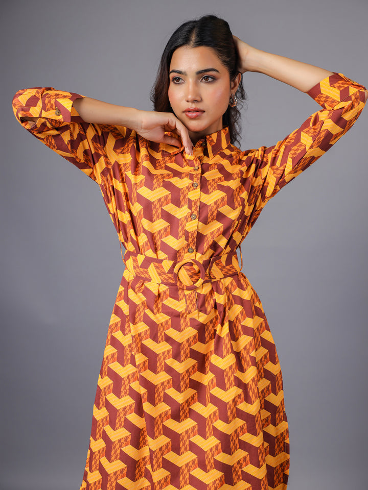 Brown Midi Shirt Dress for women Portrait