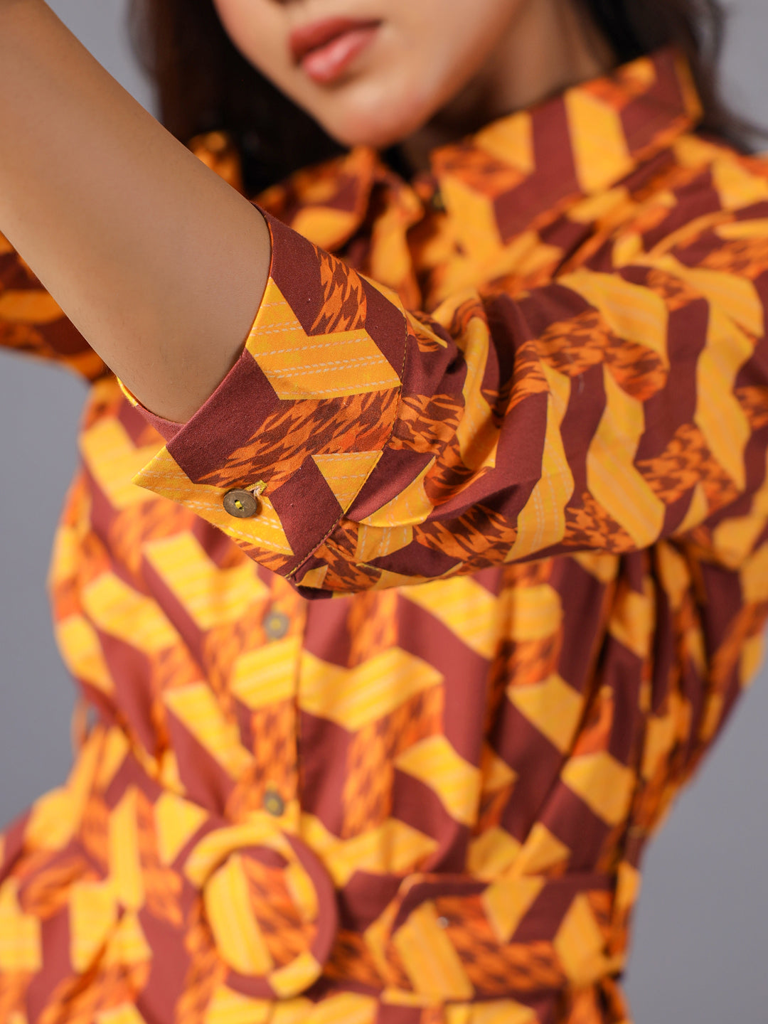 Brown Midi Shirt Dress for women Slevees Detailing