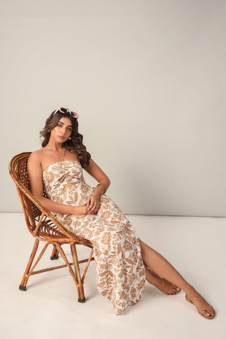 Brown & Off-White Floral Maxi Dress Side2 for women