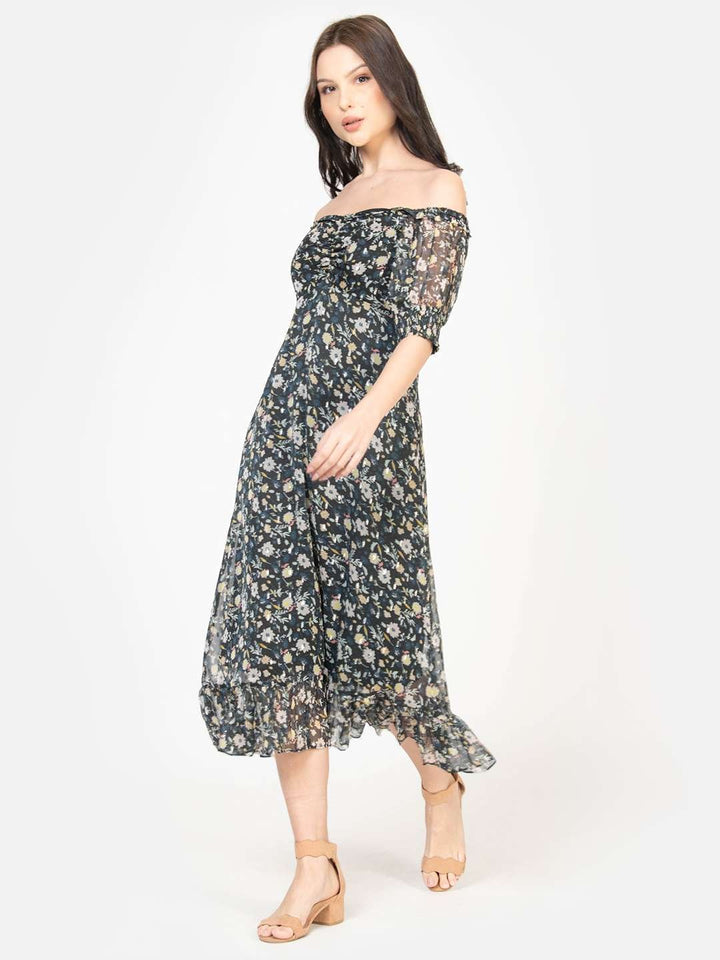 Black Chiffon Lurex Midi Dress Side1
