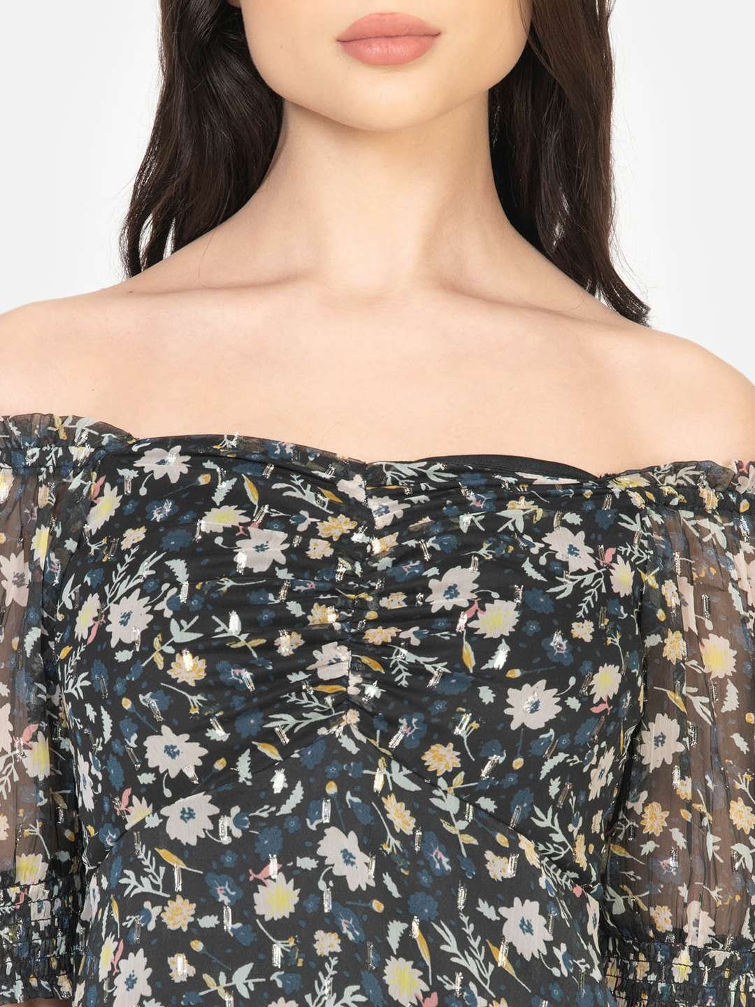 Black Chiffon Lurex Midi Dress Neck Detailing