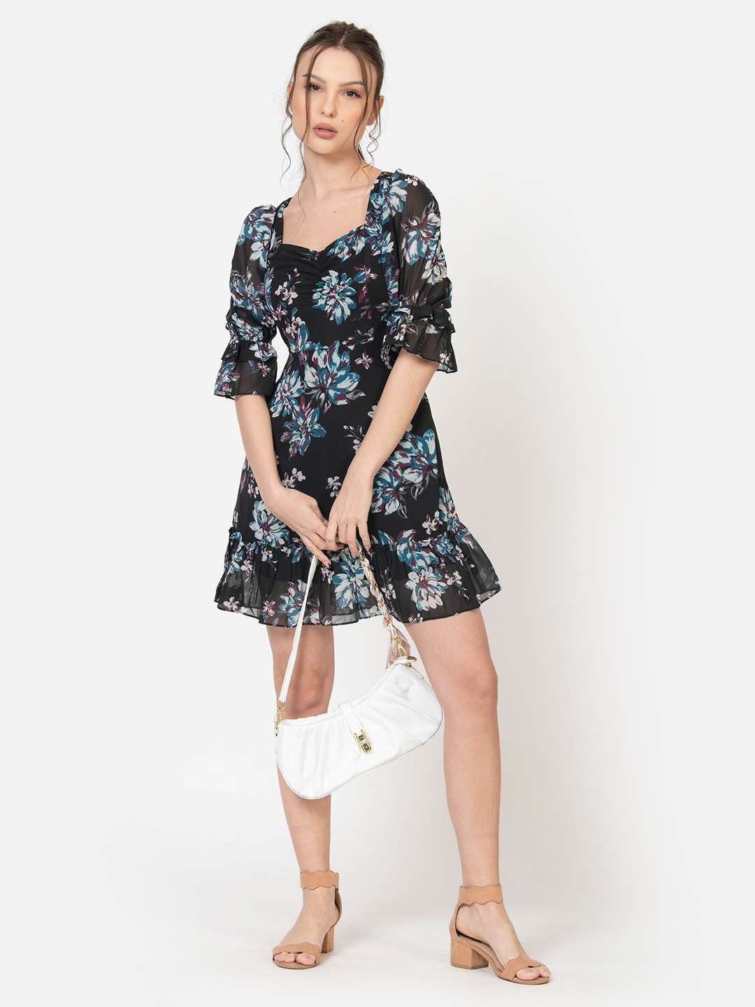 Raven Black Chiffon Floral Print Mini Dress Front1