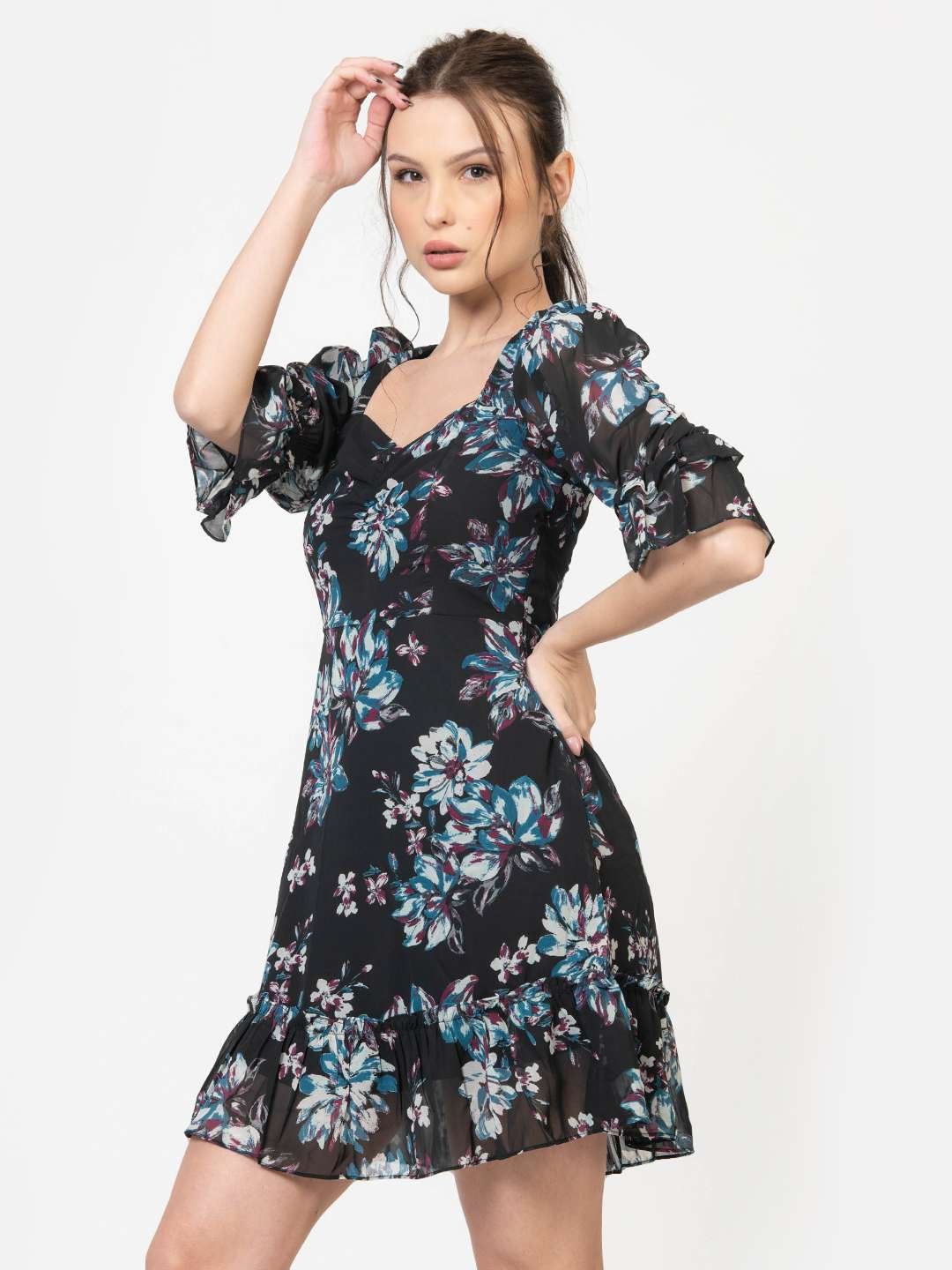 Raven Black Chiffon Floral Print Mini Dress Side2