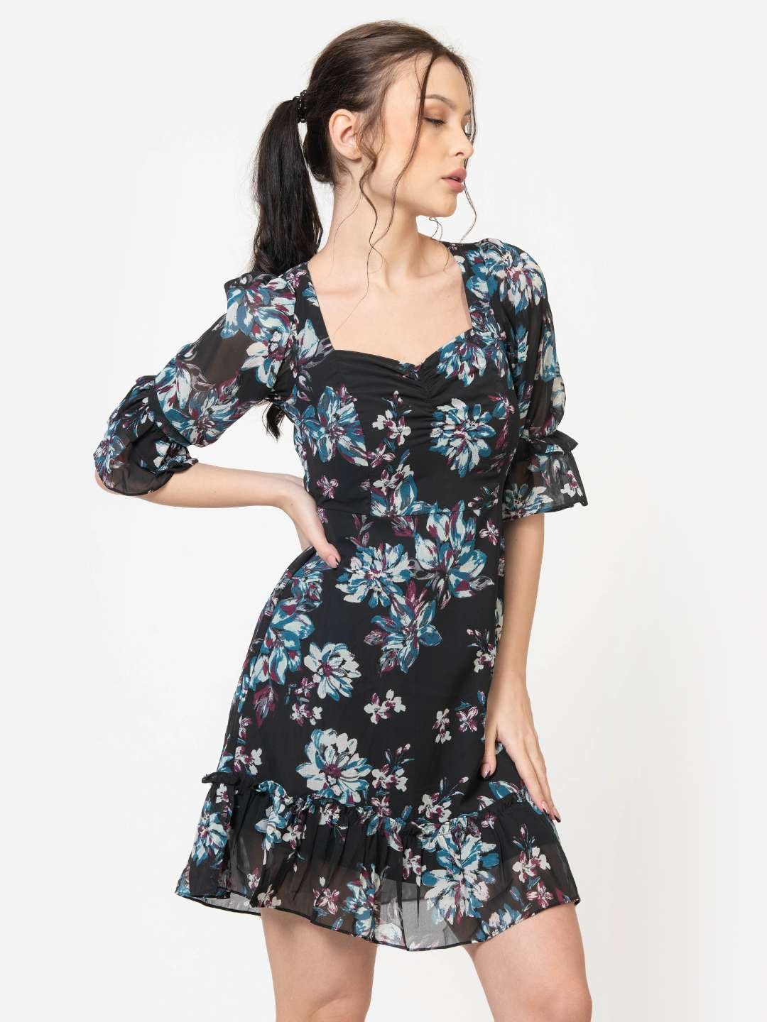 Raven Black Chiffon Floral Print Mini Dress Side Front