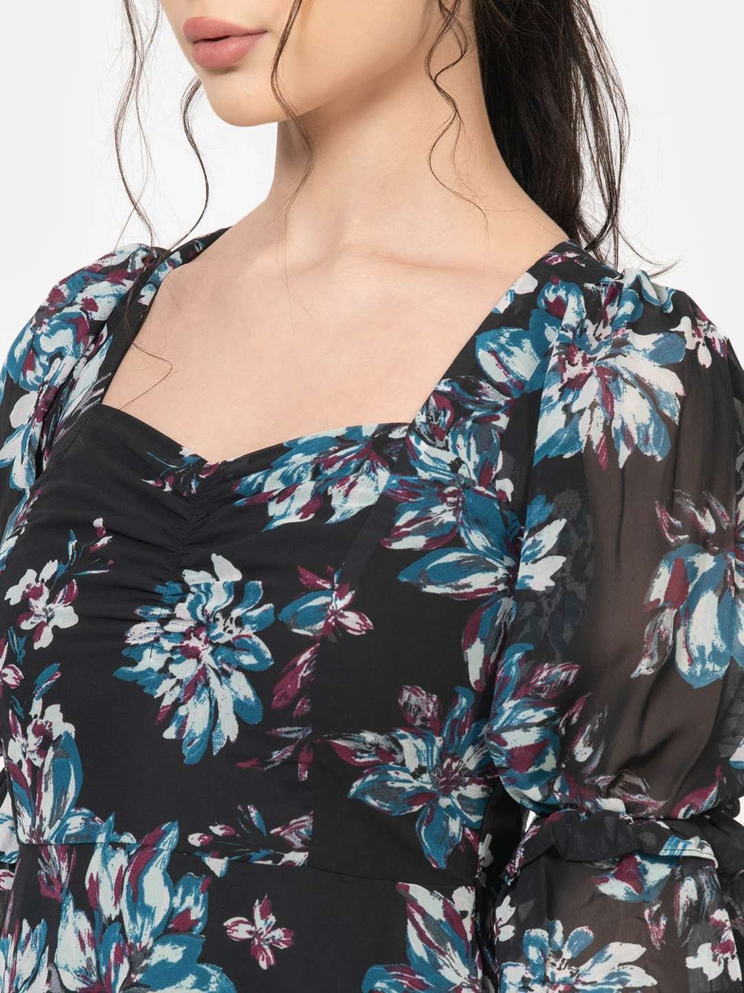 Raven Black Chiffon Floral Print Mini Dress Neck Detailing