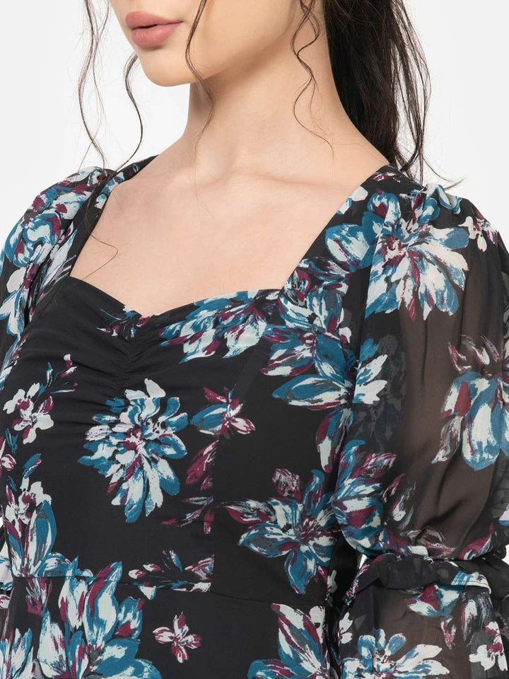 Raven Black Chiffon Floral Print Mini Dress Neck Detailing