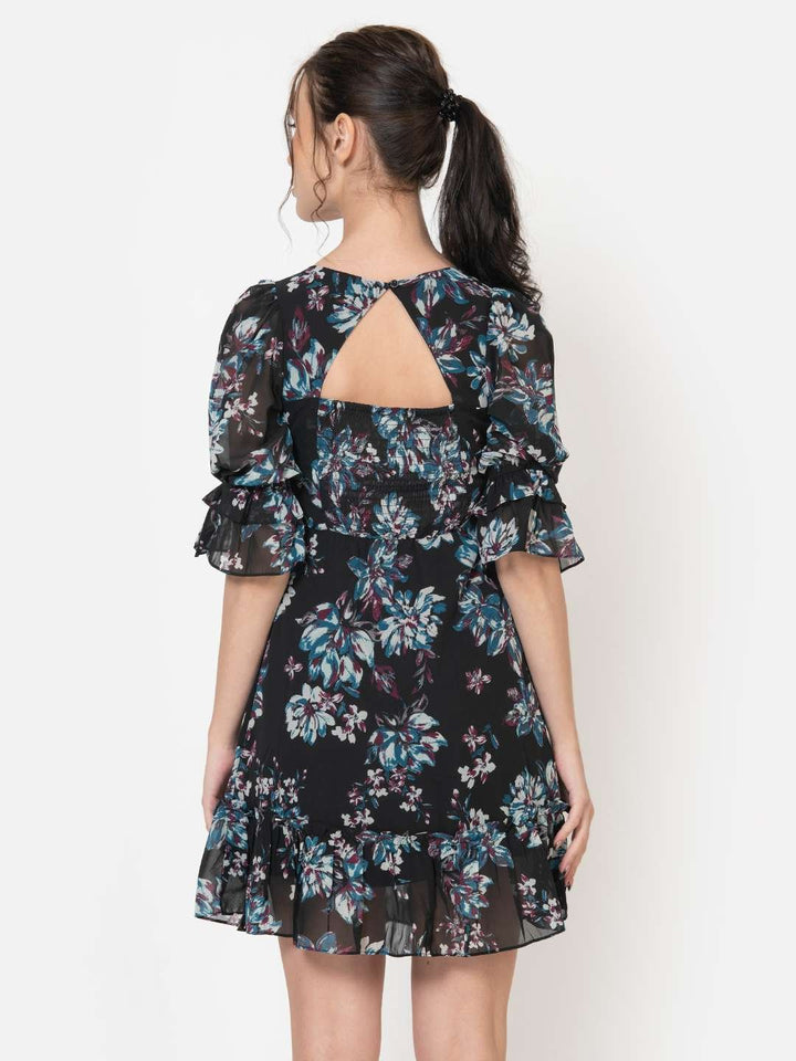 Raven Black Chiffon Floral Print Mini Dress Back