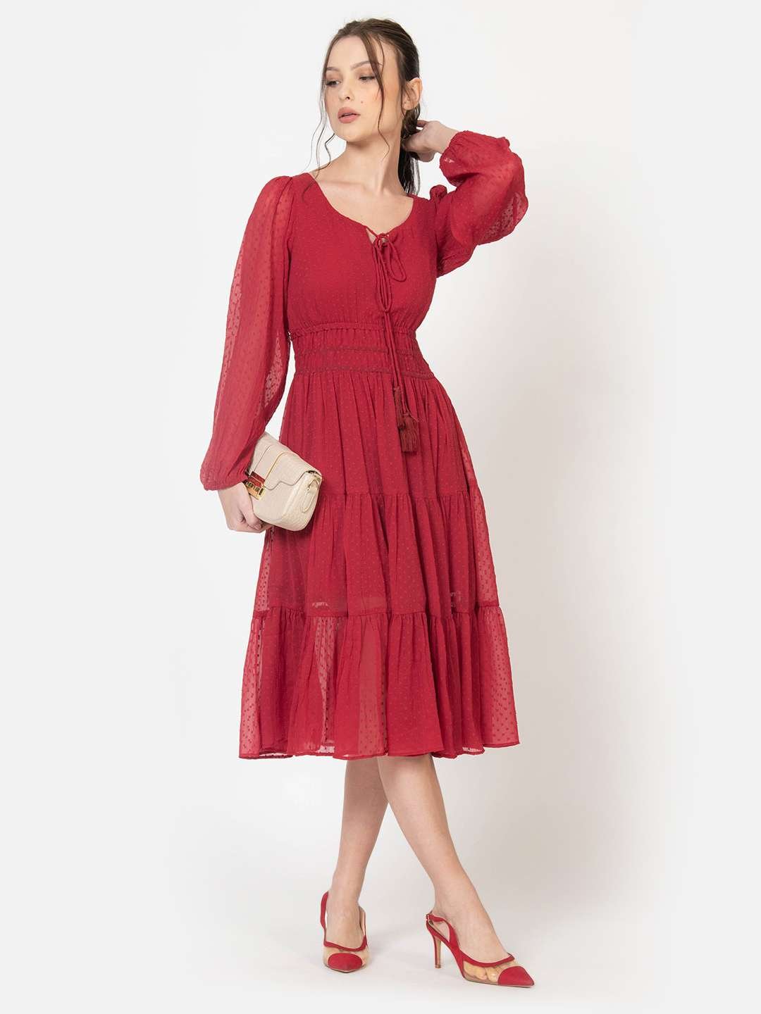 Red Dobby V Neck Fit and Flare Midi Dress