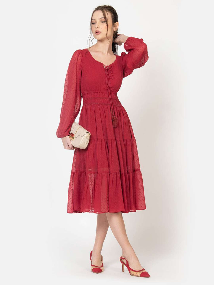 Red Dobby V Neck Fit and Flare Midi Dress