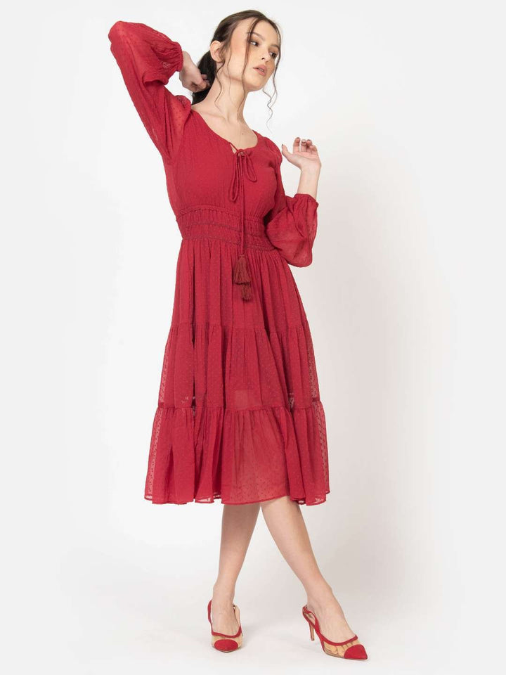 Red Dobby V Neck Fit and Flare Midi Dress