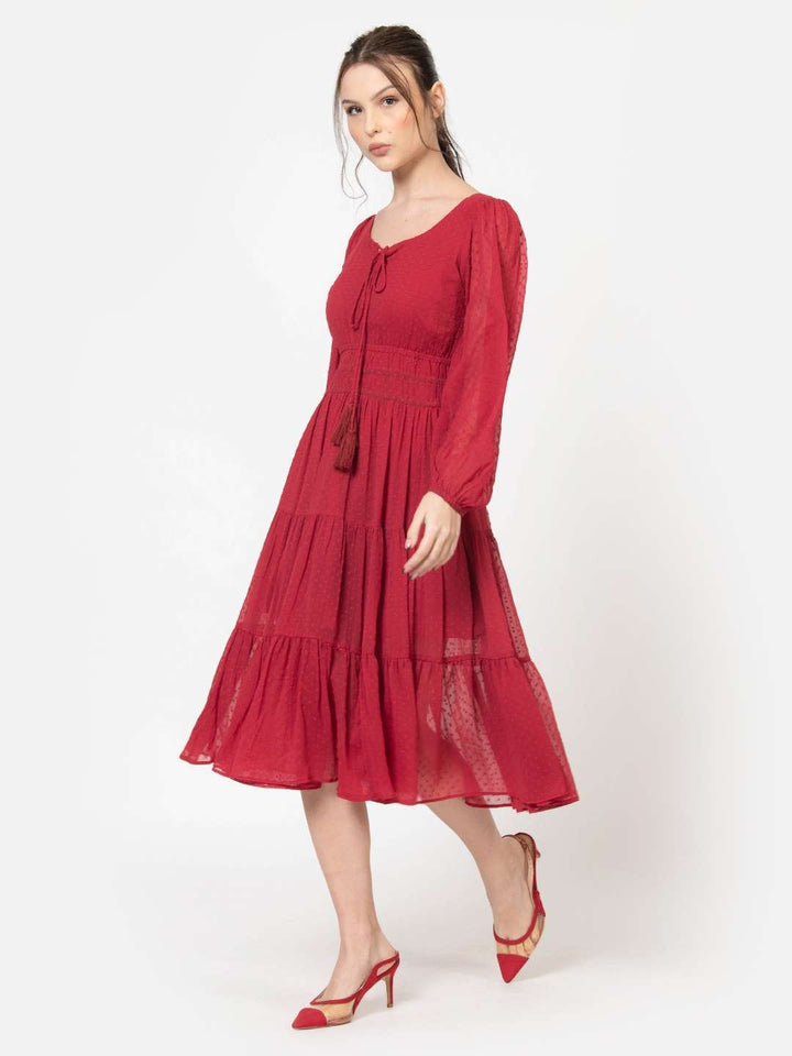 Red Dobby V Neck Fit and Flare Midi Dress