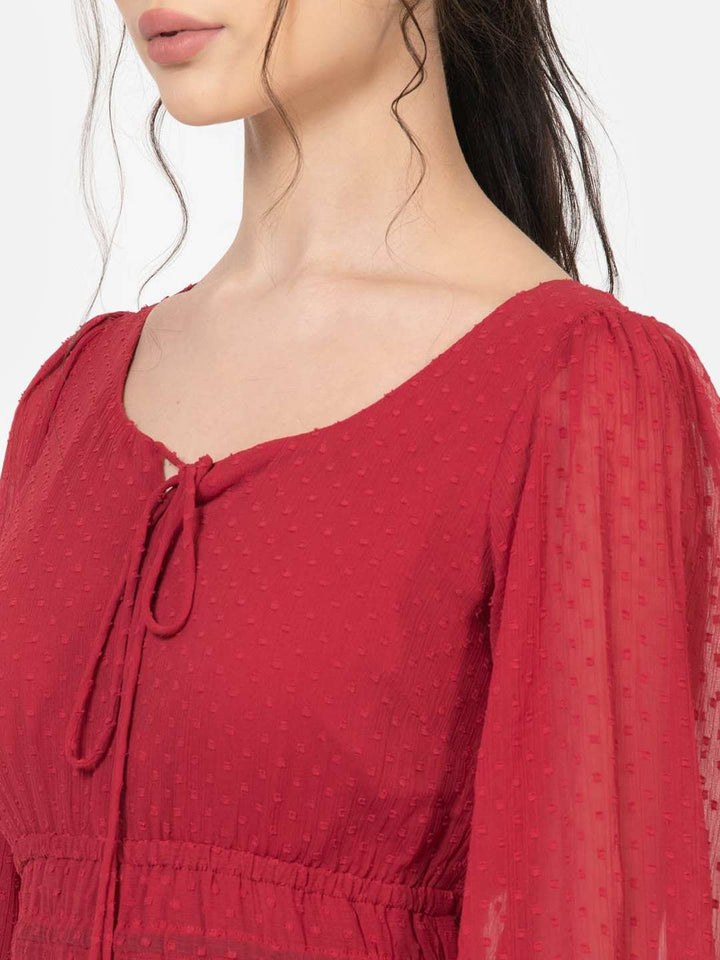 Red Dobby V Neck Fit and Flare Midi Dress