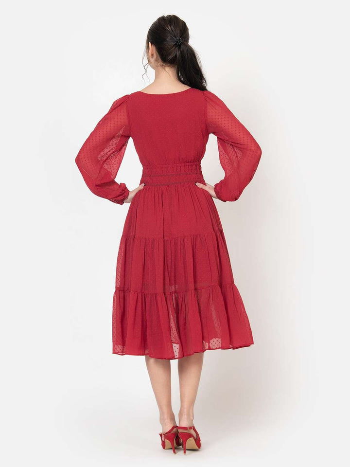 Red Dobby V Neck Fit and Flare Midi Dress