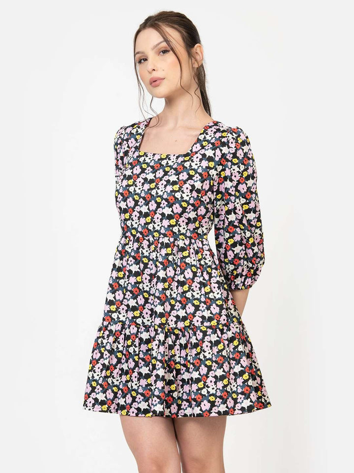 Multicolor Cotton Satin Square Neck MINI DRESS