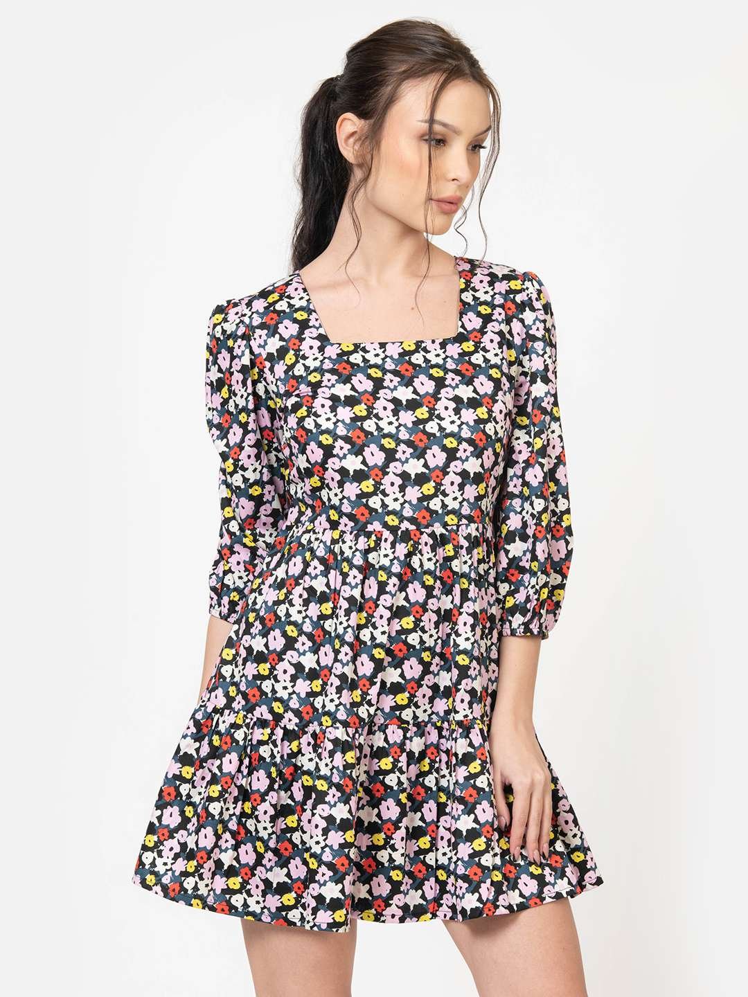 Multicolor Cotton Satin Square Neck MINI DRESS