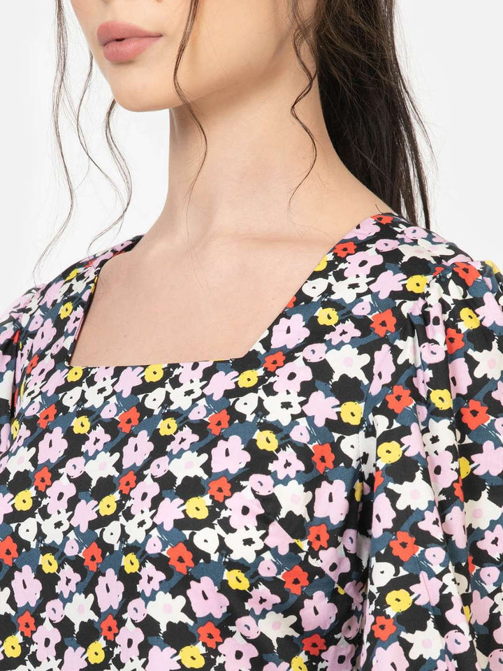 Multicolor Cotton Satin Square Neck MINI DRESS