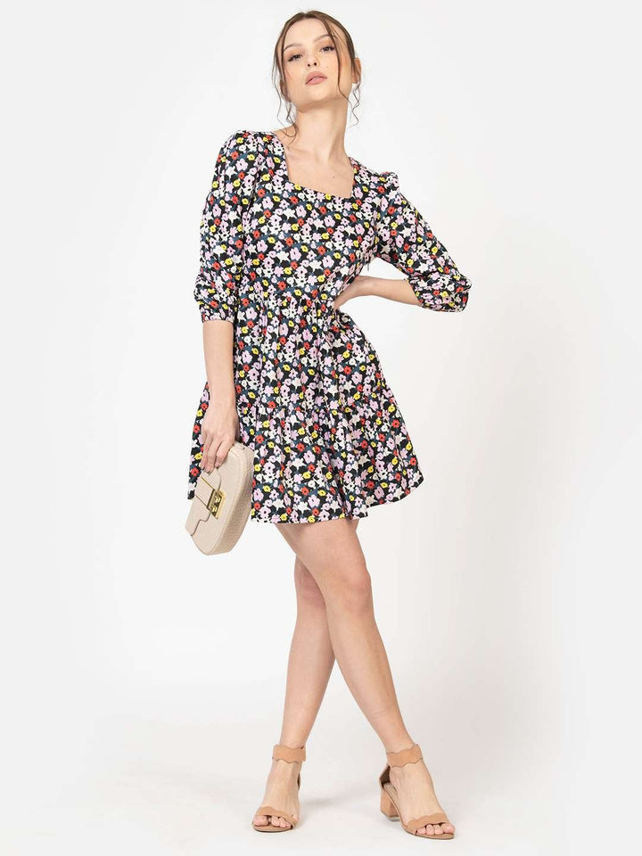 Multicolor Cotton Satin Square Neck MINI DRESS
