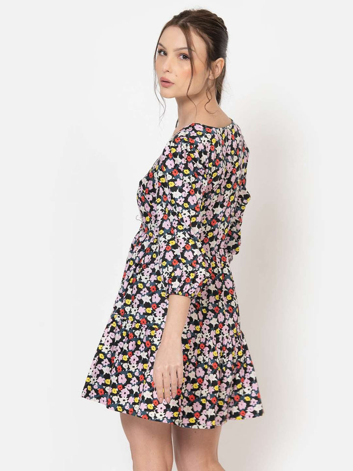 Multicolor Cotton Satin Square Neck MINI DRESS