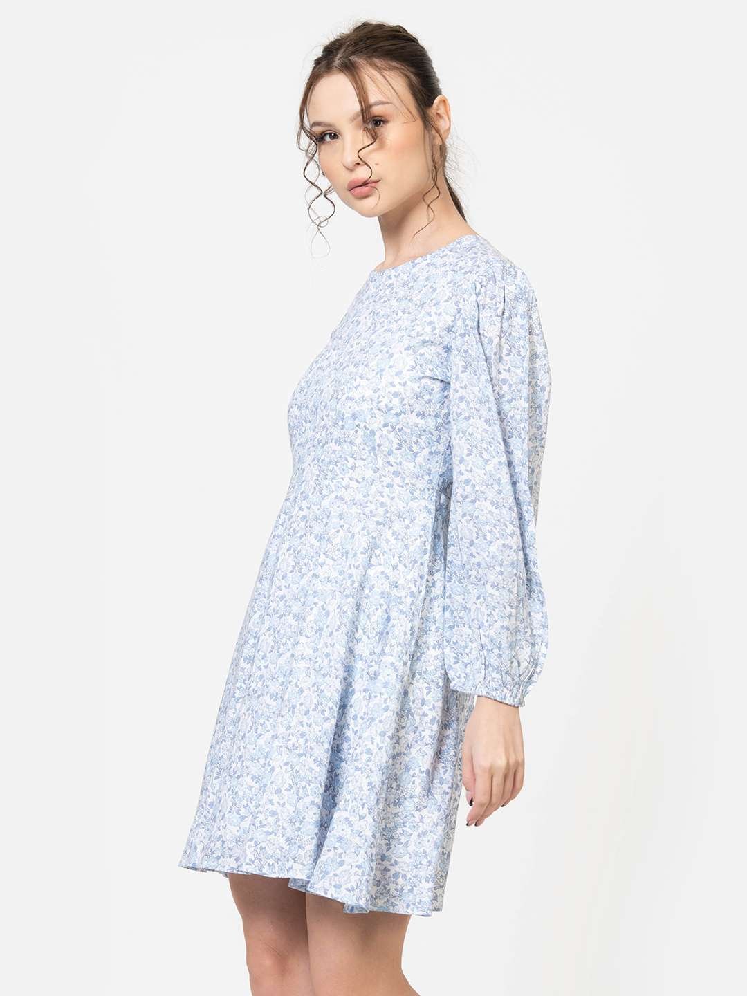 Blue and White Round Neck Full Sleeve Skater mini dress