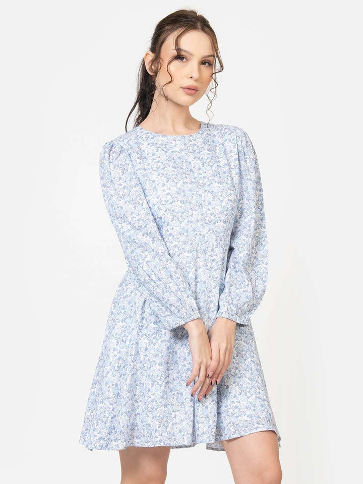 Blue and White Round Neck Full Sleeve Skater mini dress