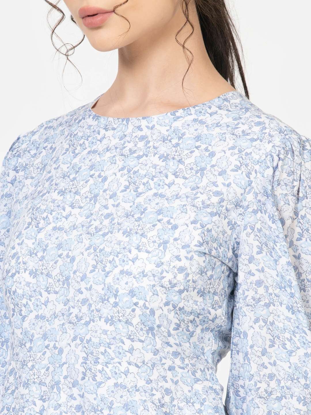 Blue and White Round Neck Full Sleeve Skater mini dress