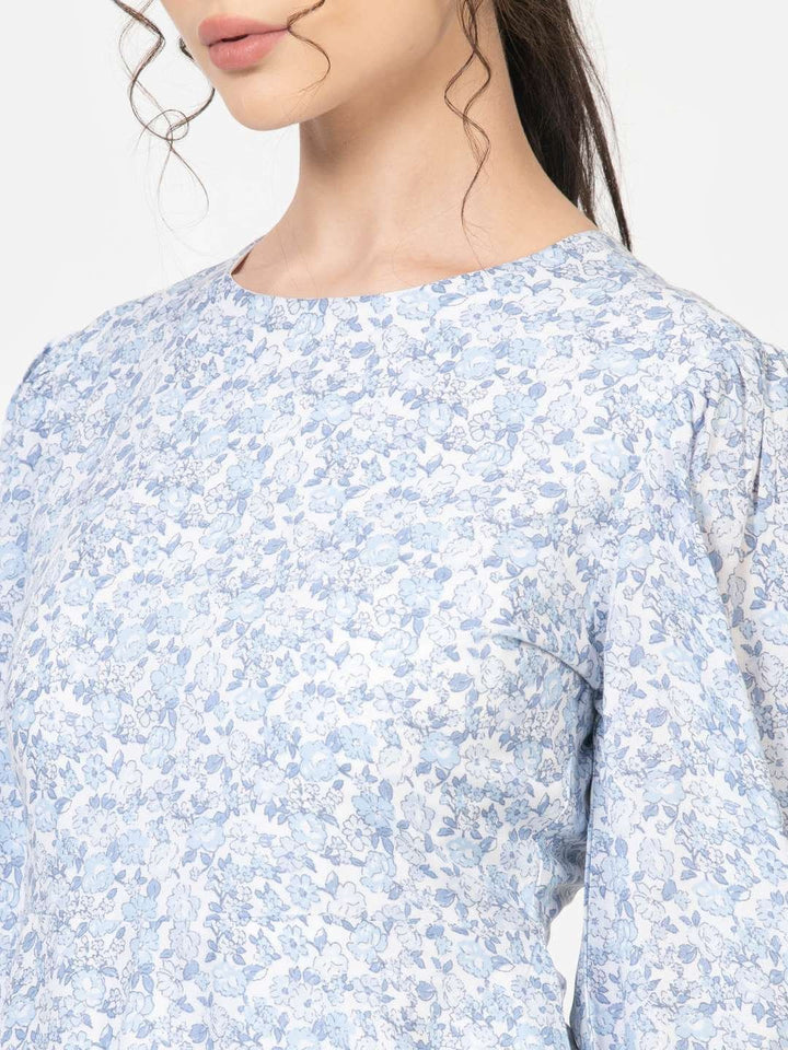 Blue and White Round Neck Full Sleeve Skater mini dress