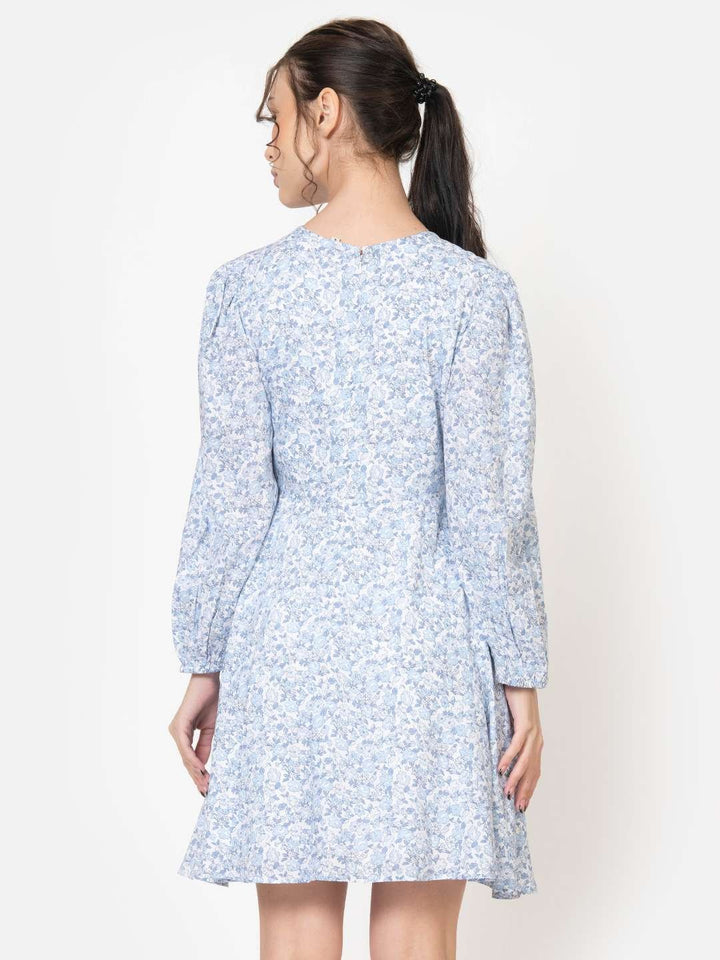 Blue and White Round Neck Full Sleeve Skater mini dress