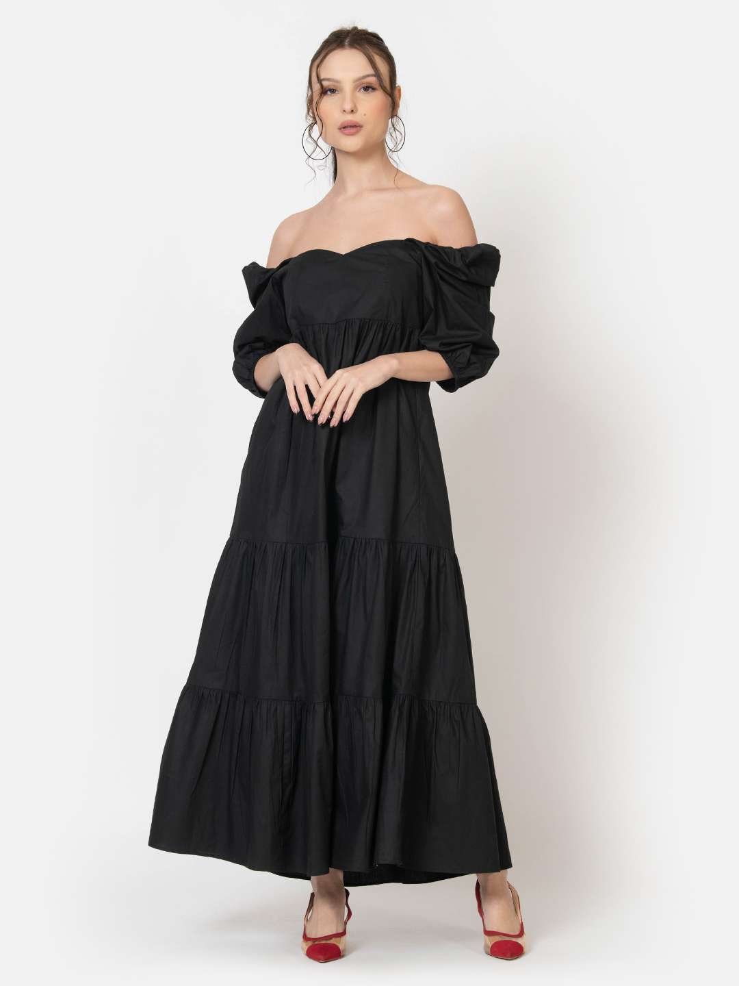 Black Cotton Poplin Maxi Dress Front1
