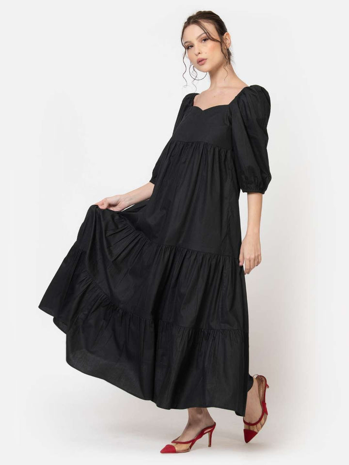 Black Cotton Poplin Maxi Dress Side