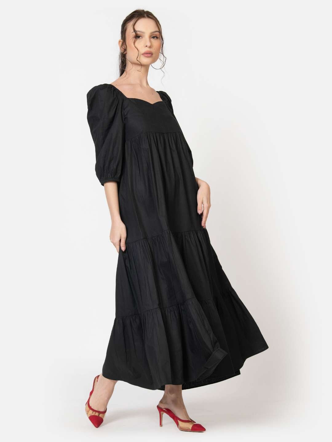 Black Cotton Poplin Maxi Dress Side2