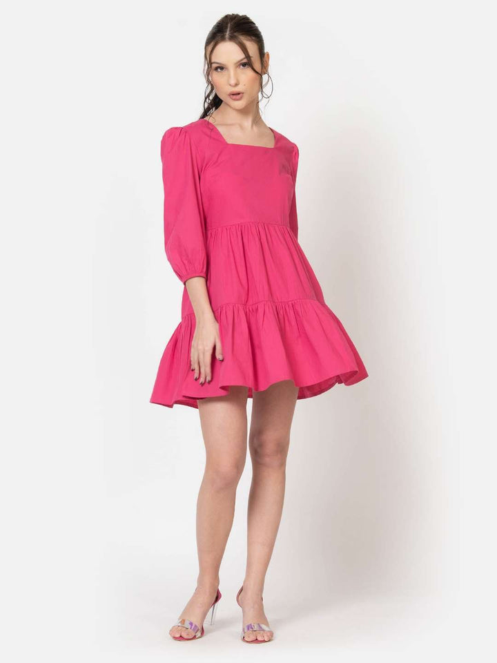 FUSCHIA COTTON POPLIN Square Neck MINI Dress