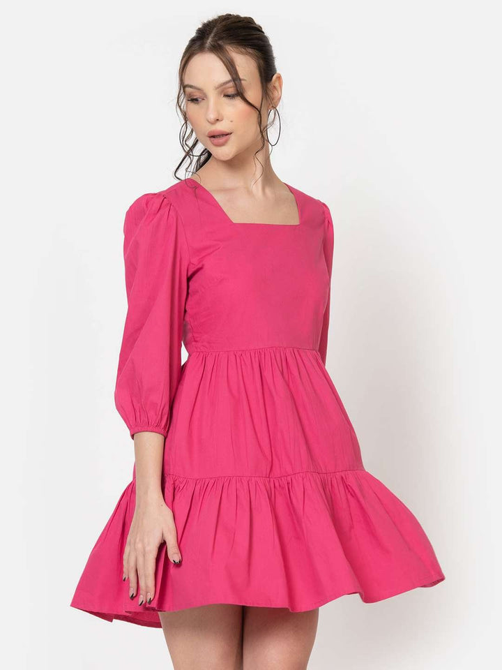 FUSCHIA COTTON POPLIN Square Neck MINI Dress