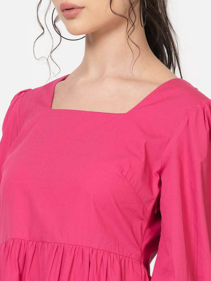 FUSCHIA COTTON POPLIN Square Neck MINI Dress