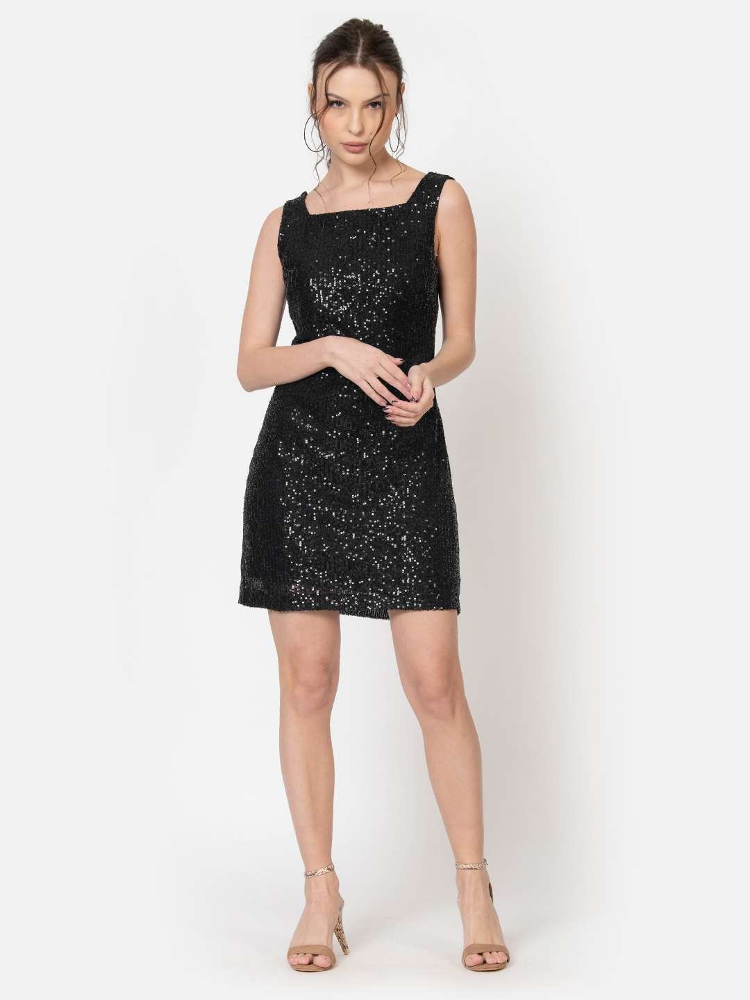Black Sequin Party Dress Full Front 
