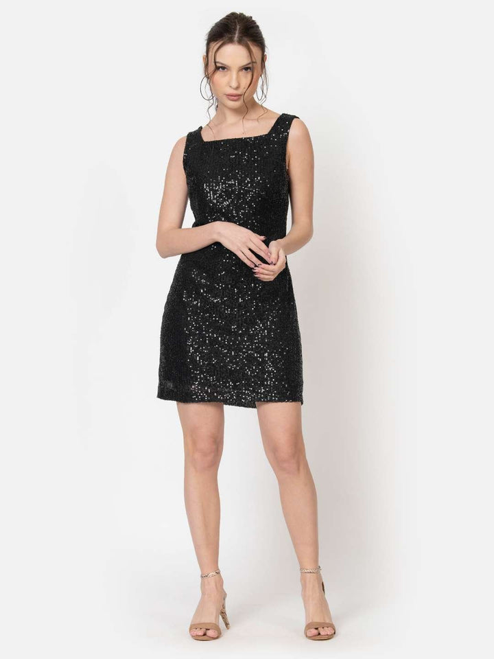 Black Sequin Party Dress Full Front 
