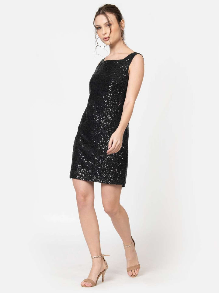 Black Sequin Party Dress Front Side2