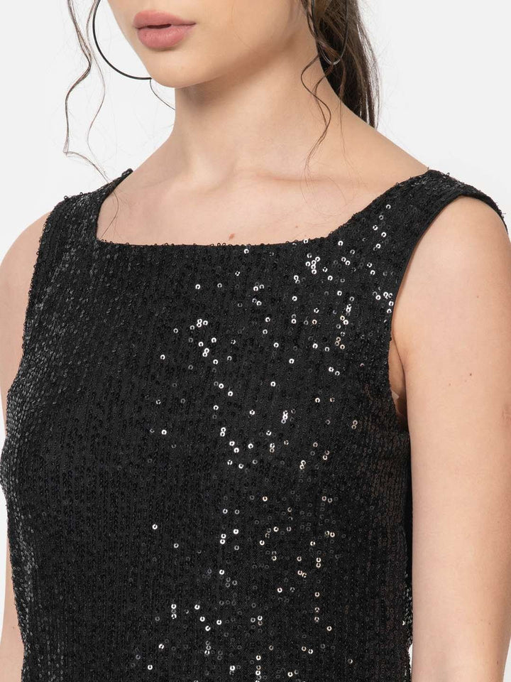 Black Sequin Party Dress Neck Detailing