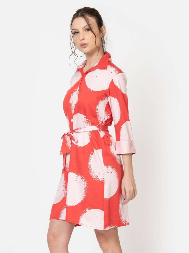 Red Polka Dot Cotton Modal Shirt Mini Dress