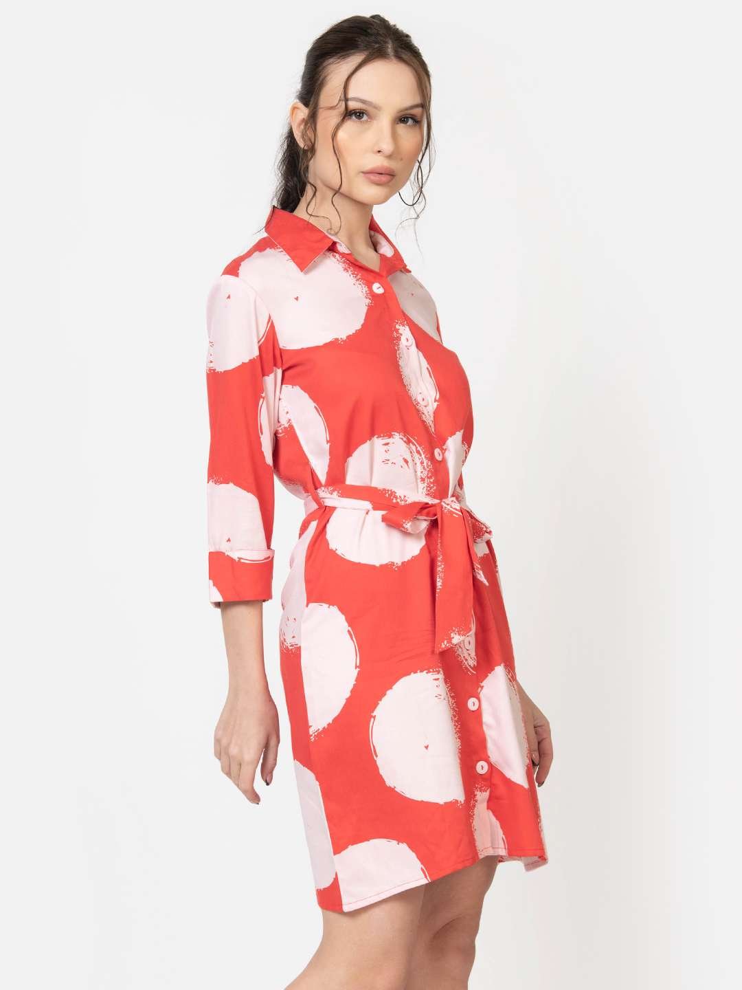 Red Polka Dot Cotton Modal Shirt Mini Dress
